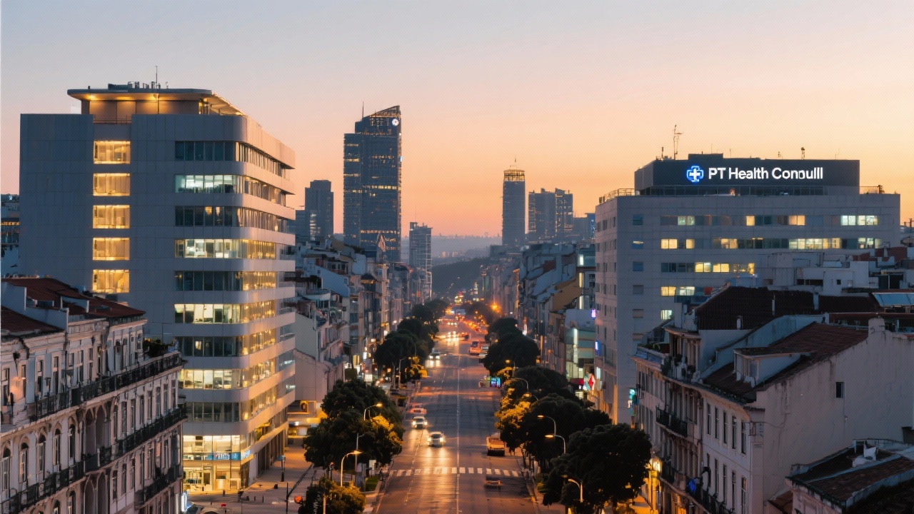 Panoramic image of Avenida da Liberdade skyline in Lisbon with modern healthcare buildings illuminated at sunset emphasizing proximity of PT Health Consult headquarters to major hospital networks