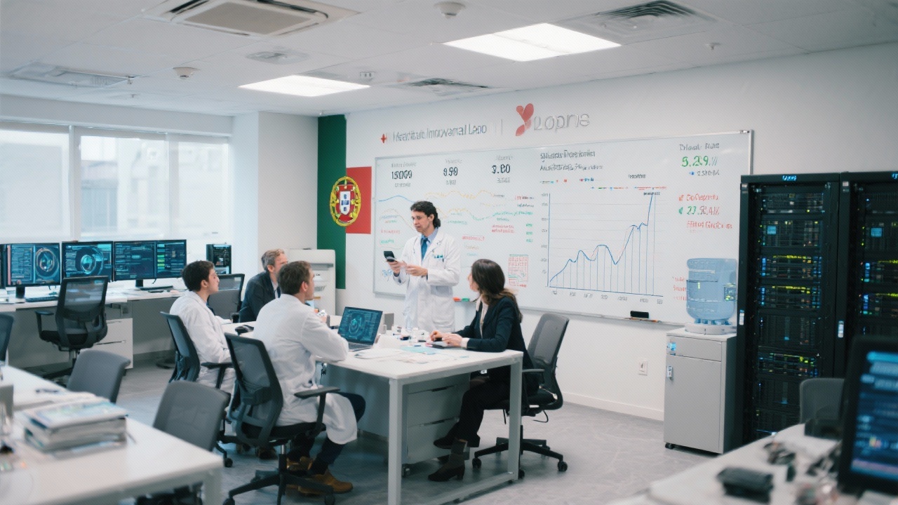 Healthcare innovation lab interior featuring clinicians and data scientists collaborating over predictive modeling charts, whiteboards with Portuguese metrics, and secure servers for anonymized patient data simulations