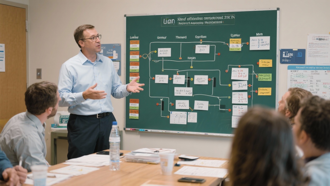 Consultant facilitating process mapping workshop with magnetic kanban board, lean diagrams, and throughput calculations to redesign outpatient clinic workflows for measurable cycle time reductions