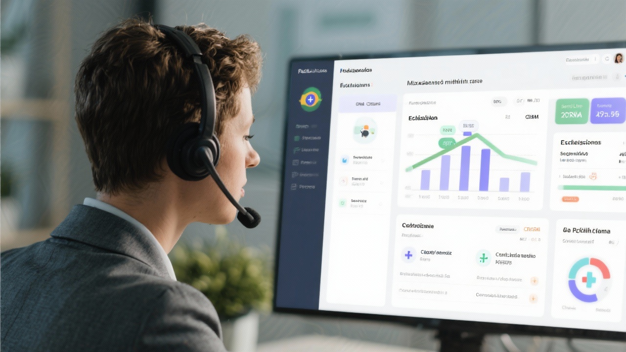 Customer support specialist wearing headset analyzing CRM dashboard with escalations, service level agreements, and compliance reminders to coordinate healthcare consulting assistance in Portuguese language
