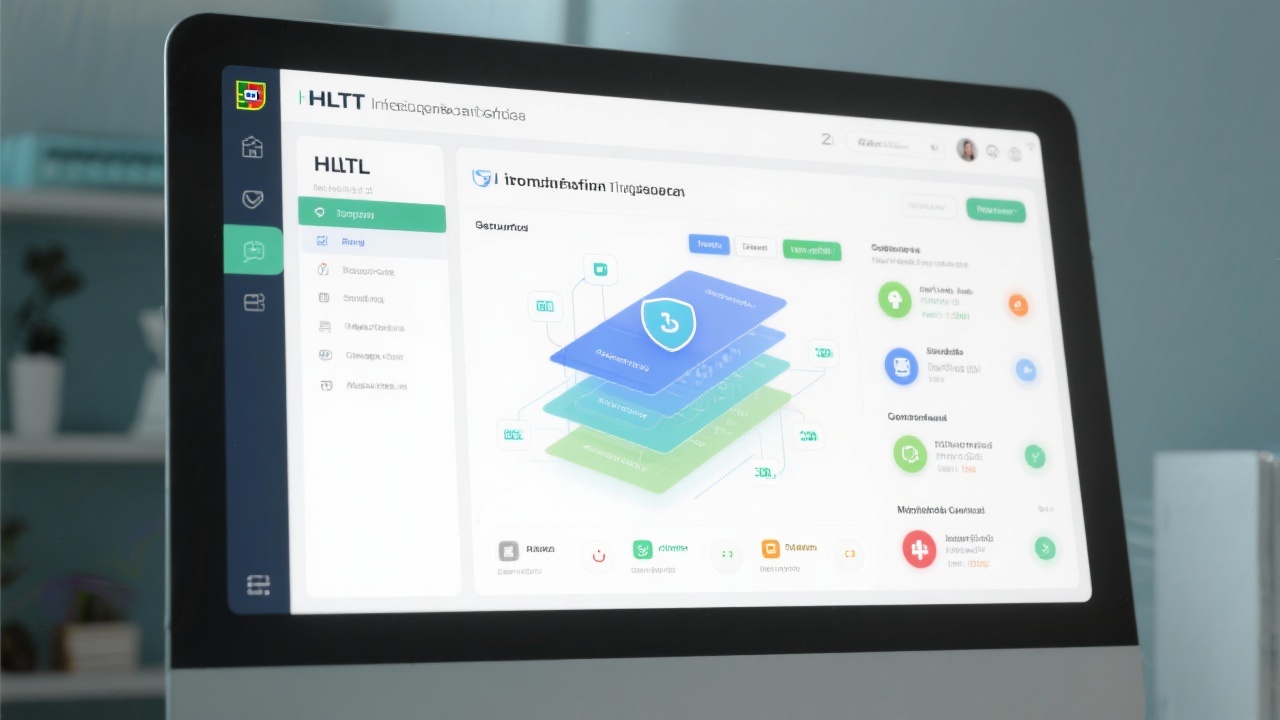 Close up of interoperable medical software interface displaying HL7 integration layers, cybersecurity status indicators, and governance controls tailored for Portuguese private clinic digital transformation
